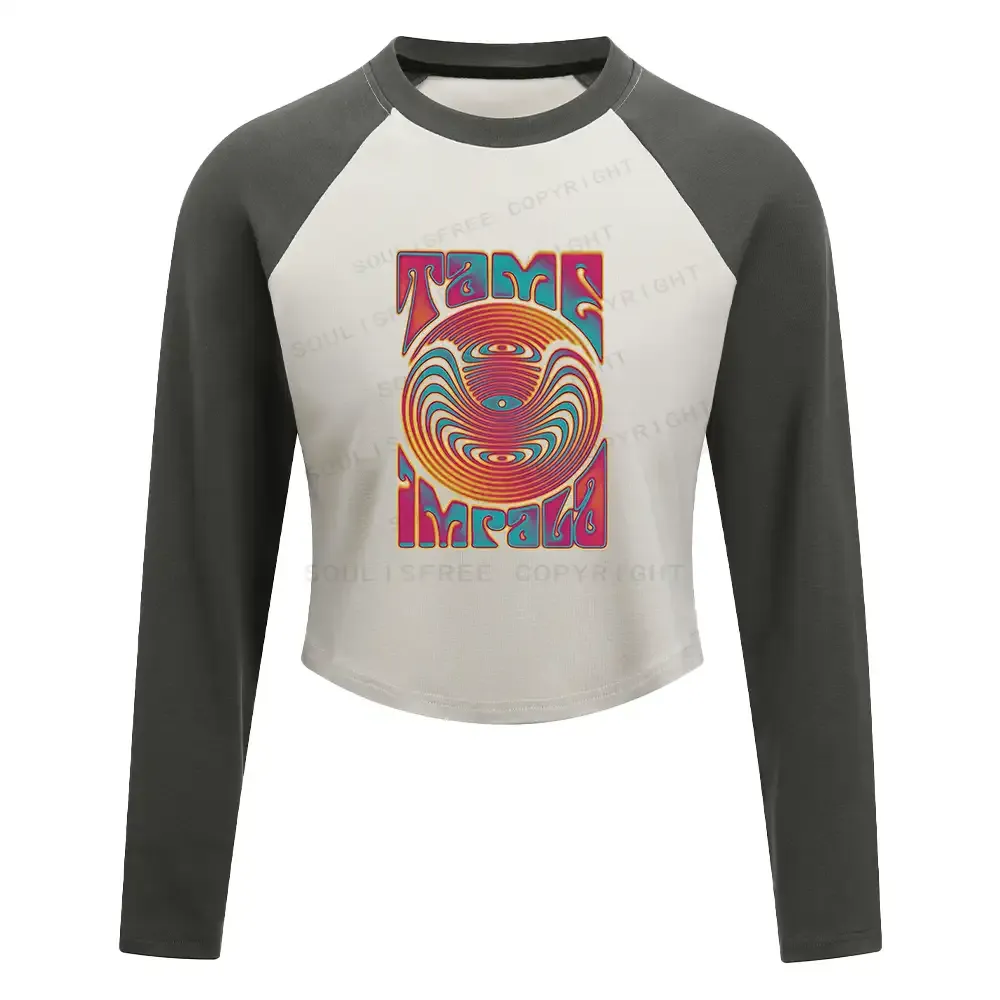 Designed Psychedelic Moment Color Block Raglan Long Sleeve Crop Top