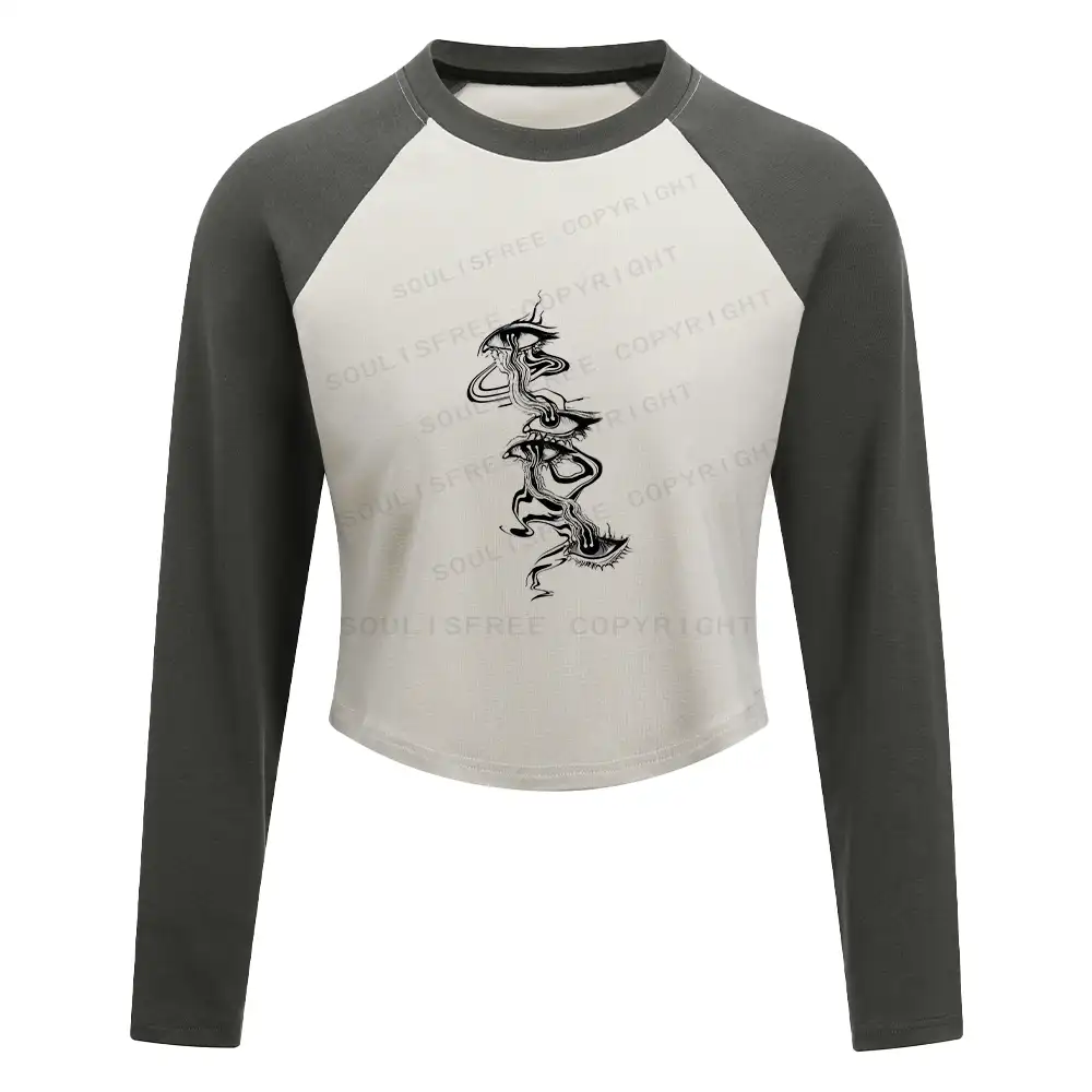 Psychedelic Eyes Washed Cropped Sweatshirt Block Raglan Long Sleeve Crop Top