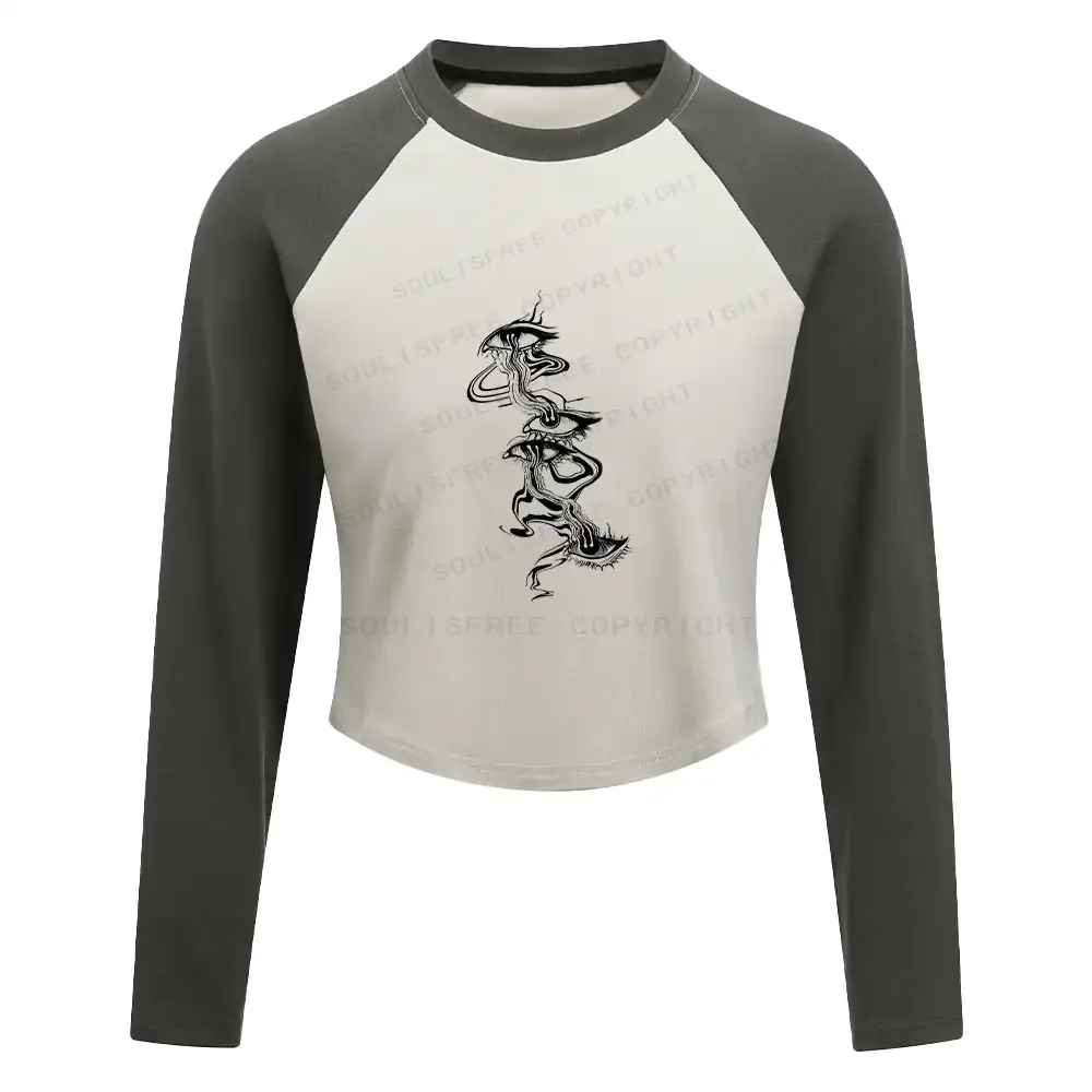 Designed Psychedelic Eyes Washed Cropped Sweatshirt Block Raglan Long Sleeve Crop Top