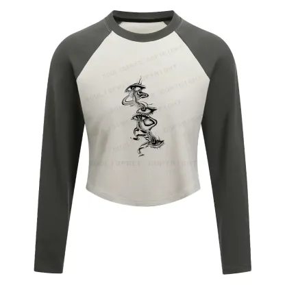 Psychedelic Eyes Washed Cropped Sweatshirt Block Raglan Long Sleeve Crop Top