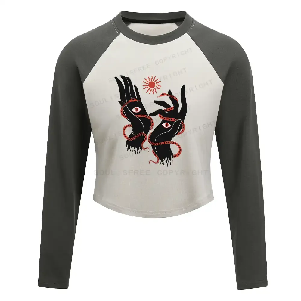 The Eyes Will Not Deceive You Washed Cropped Sweatshirt Block Raglan Long Sleeve Crop Top