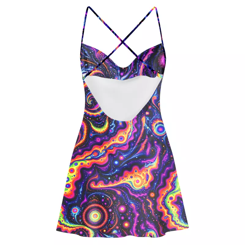 Soulisfree Psychedelic Nebula Vibrant Cowl Neck Satin Mini Dress