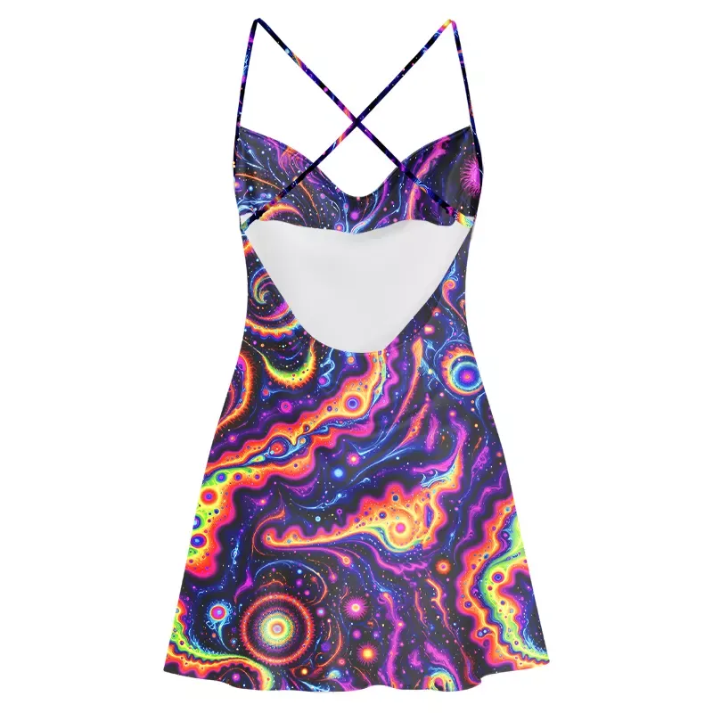 Soulisfree Psychedelic Nebula Vibrant Cowl Neck Satin Mini Dress