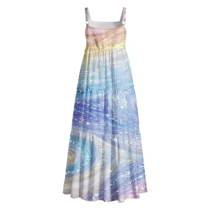Soulisfree Glittery Rainbow Ombre Swirl Boho Maxi Dress