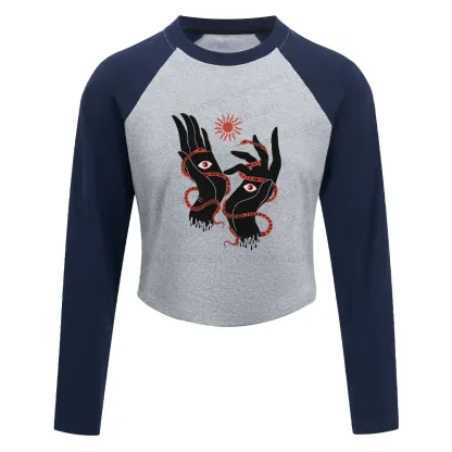 The Eyes Will Not Deceive You Washed Cropped Sweatshirt Block Raglan Long Sleeve Crop Top