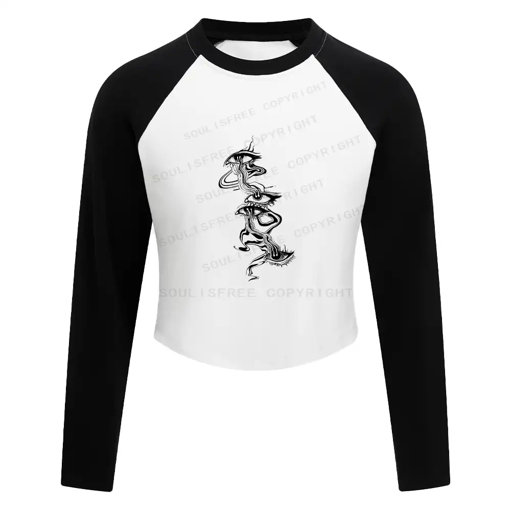 Psychedelic Eyes Washed Cropped Sweatshirt Block Raglan Long Sleeve Crop Top