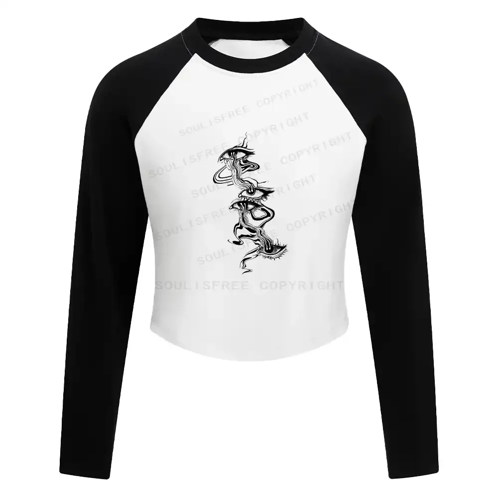 Psychedelic Eyes Washed Cropped Sweatshirt Block Raglan Long Sleeve Crop Top