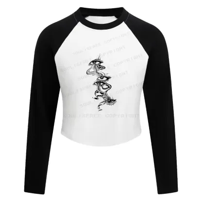 Psychedelic Eyes Washed Cropped Sweatshirt Block Raglan Long Sleeve Crop Top