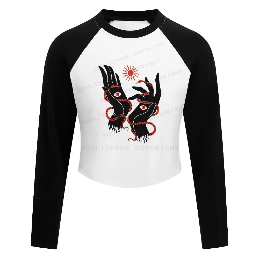 The Eyes Will Not Deceive You Washed Cropped Sweatshirt Block Raglan Long Sleeve Crop Top