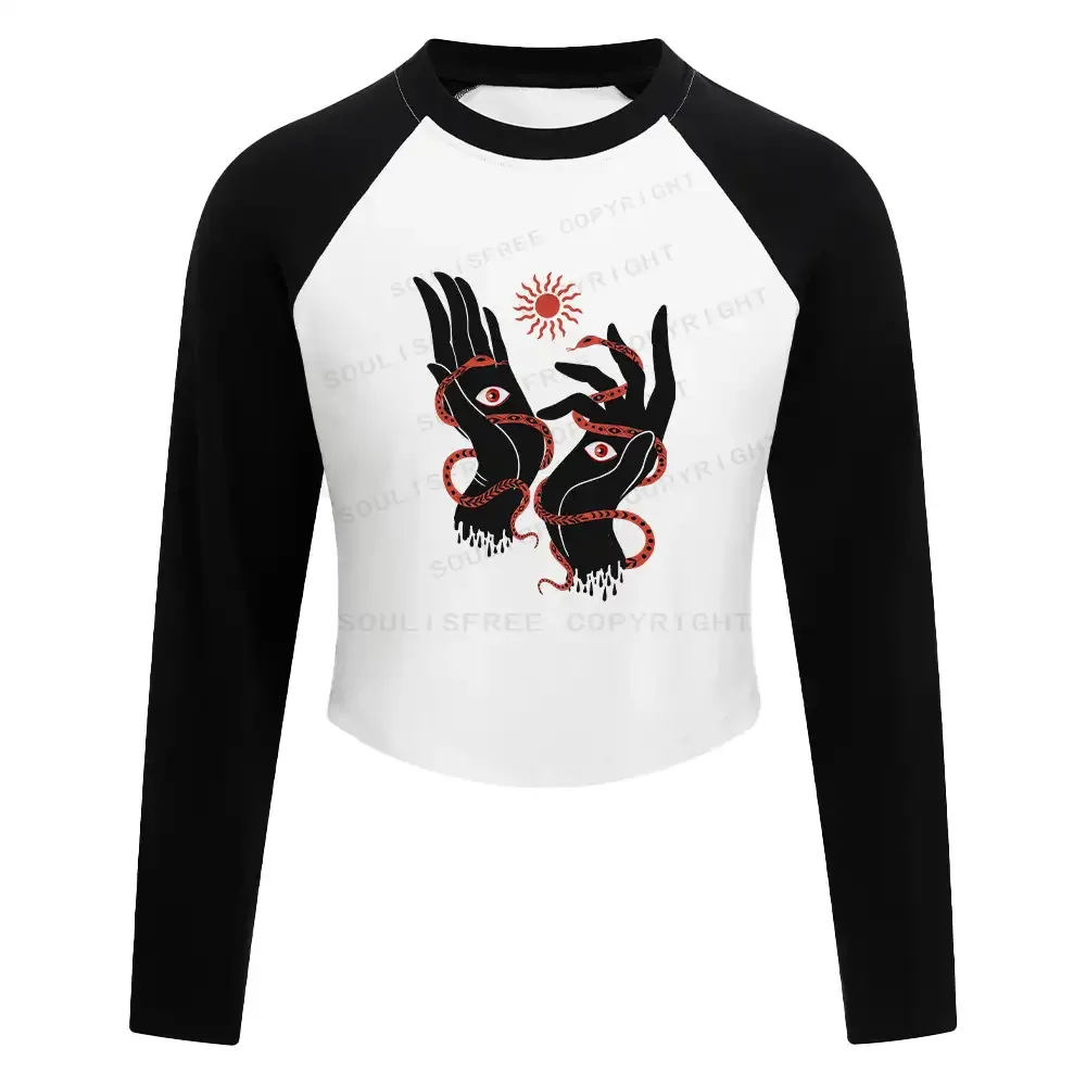 The Eyes Will Not Deceive You Washed Cropped Sweatshirt Block Raglan Long Sleeve Crop Top