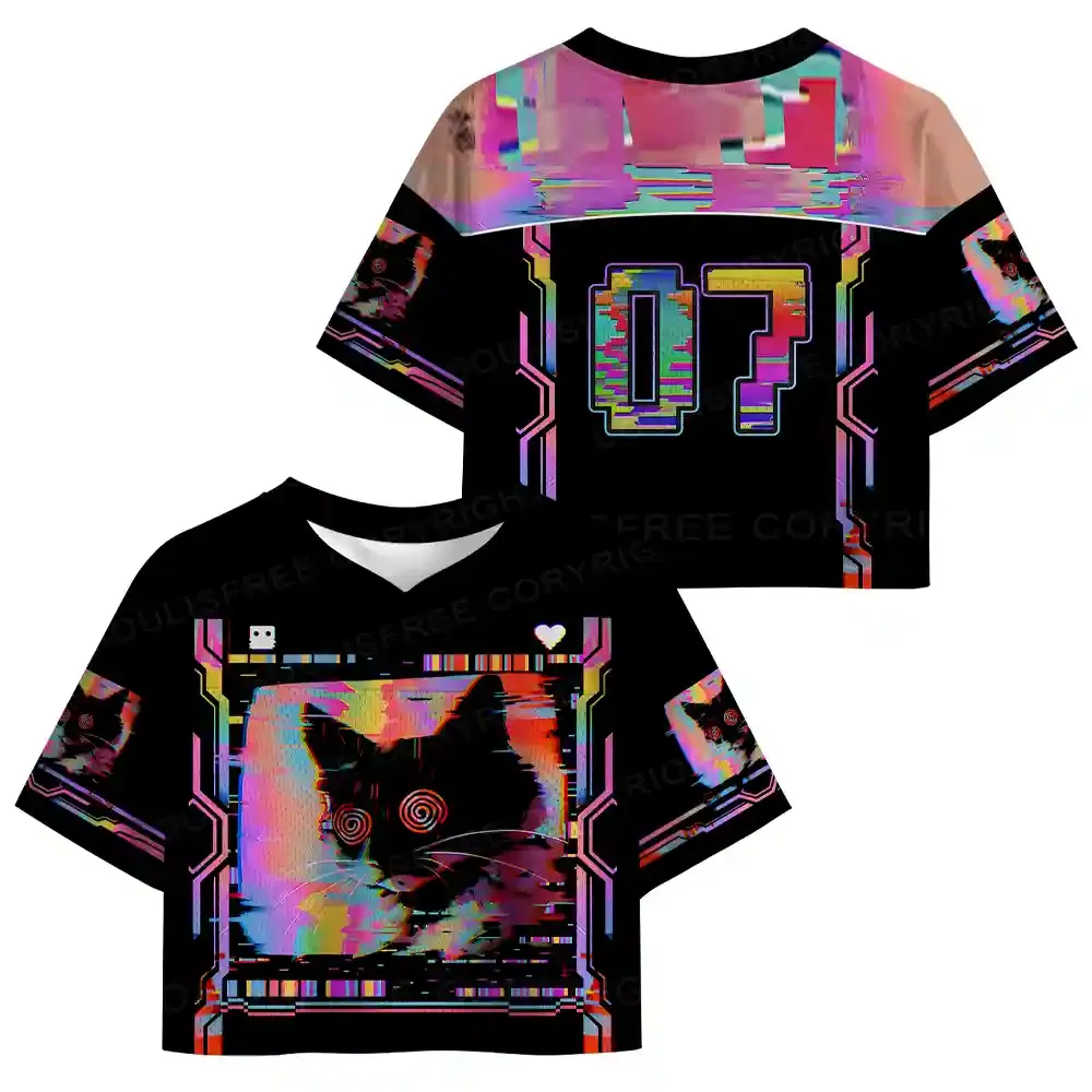 Glitchy Cat Vibes Cropped Jersey