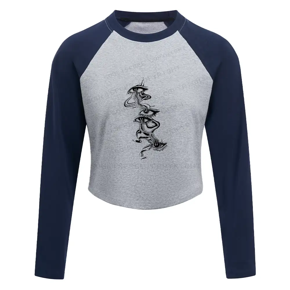 Psychedelic Eyes Washed Cropped Sweatshirt Block Raglan Long Sleeve Crop Top