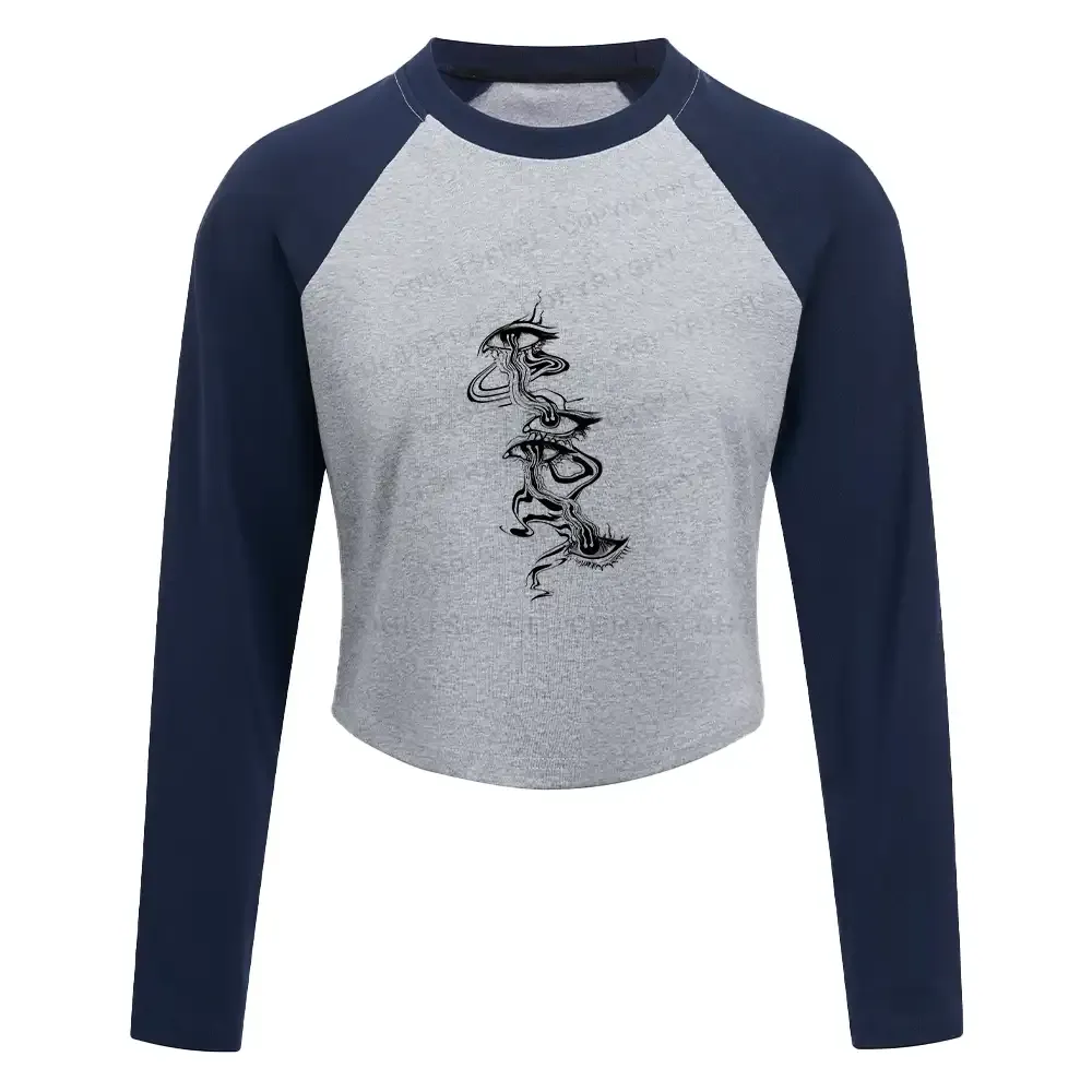 Psychedelic Eyes Washed Cropped Sweatshirt Block Raglan Long Sleeve Crop Top