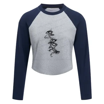 Psychedelic Eyes Washed Cropped Sweatshirt Block Raglan Long Sleeve Crop Top