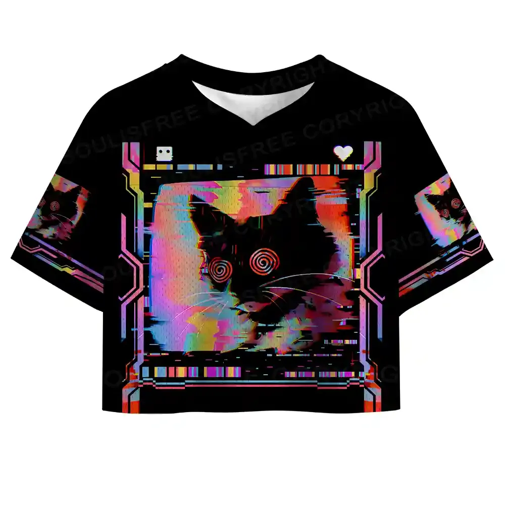 Glitchy Cat Vibes Cropped Jersey