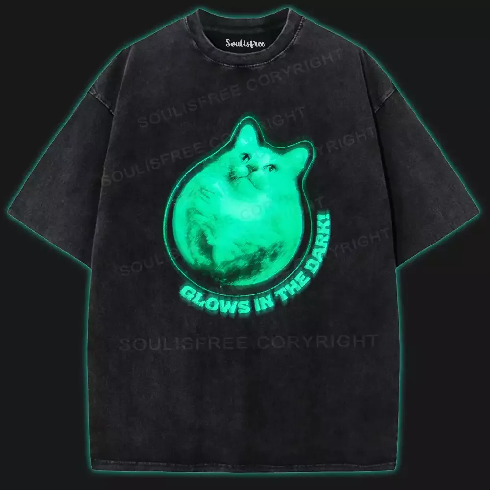 Designed Moonlight Cat Washed Space T-shirt