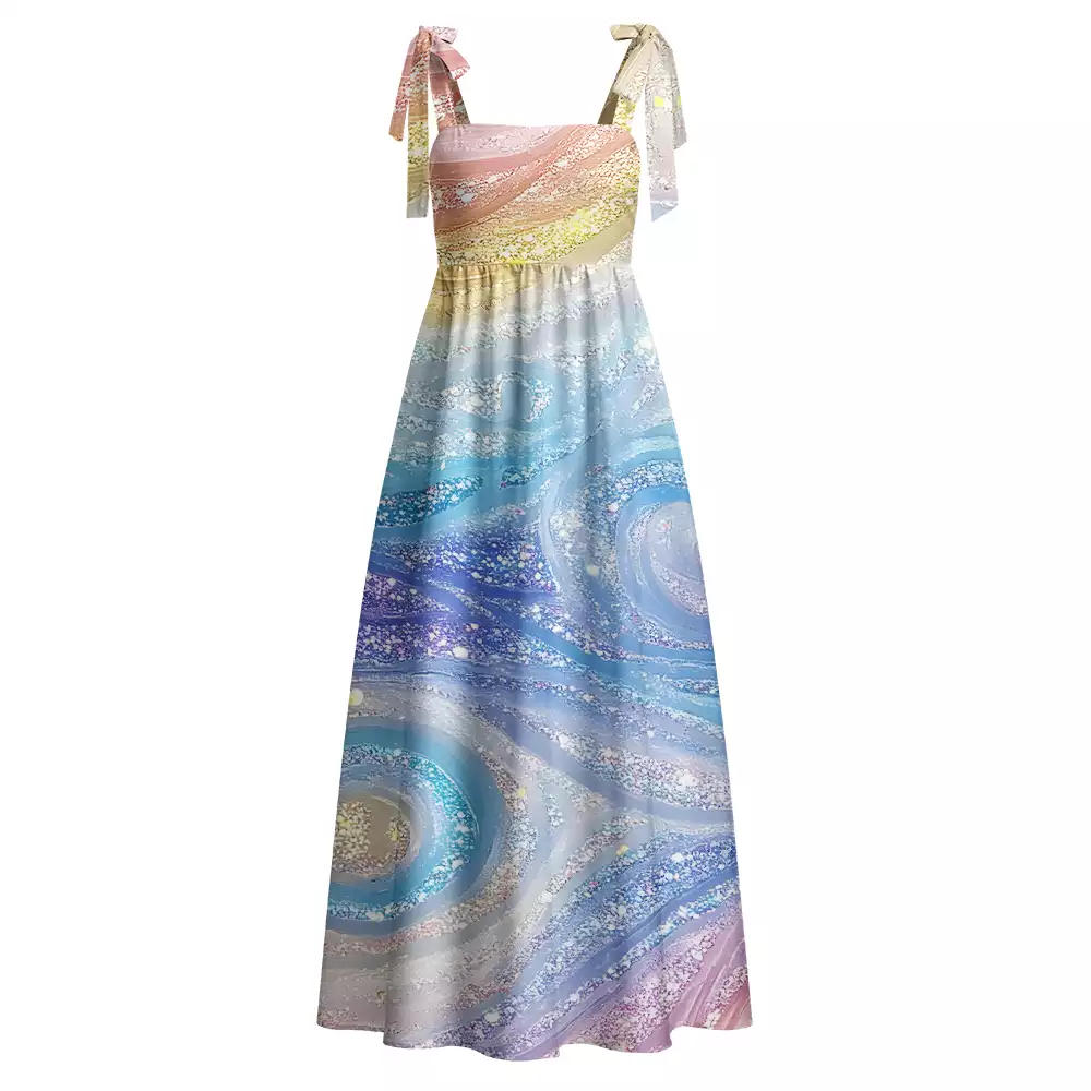 Soulisfree Glittery Rainbow Ombre Swirl Maxi Dress – Bow Strap