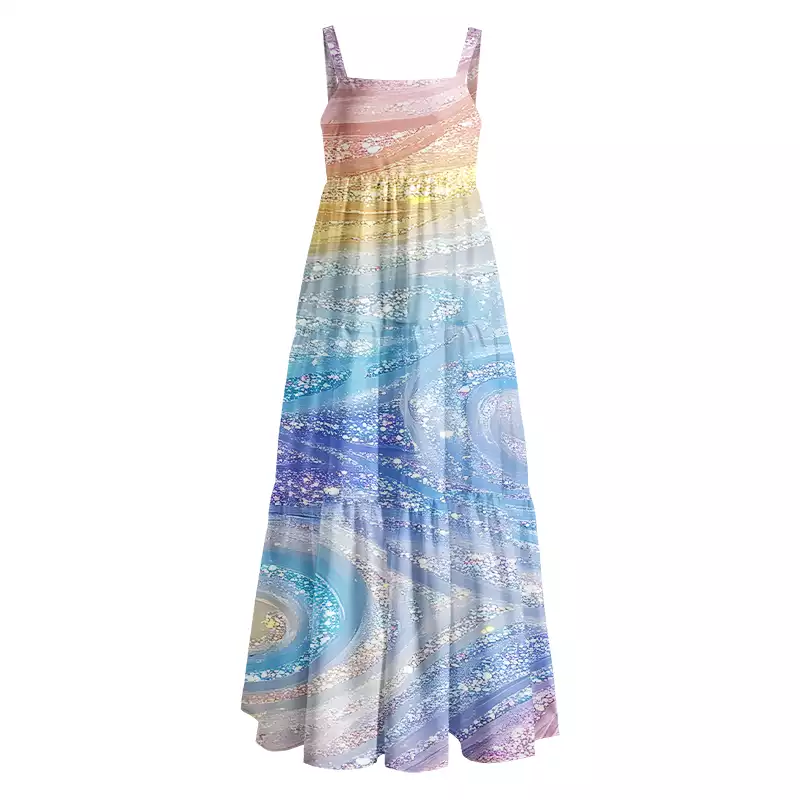 Soulisfree Glittery Rainbow Ombre Swirl Boho Maxi Dress