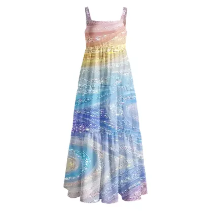 Soulisfree Glittery Rainbow Ombre Swirl Boho Maxi Dress