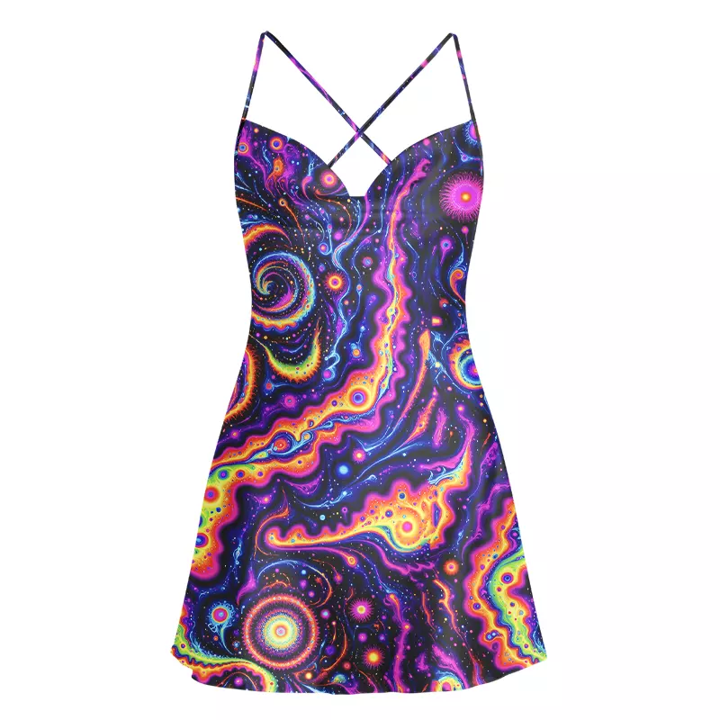 Soulisfree Psychedelic Nebula Vibrant Cowl Neck Satin Mini Dress