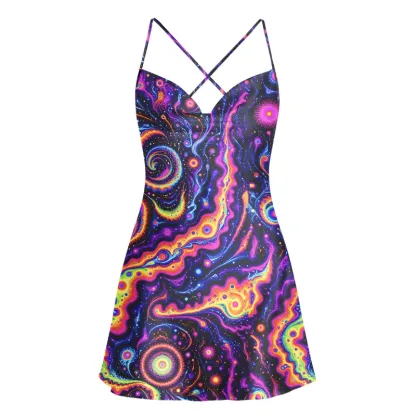 Soulisfree Psychedelic Nebula Vibrant Cowl Neck Satin Mini Dress