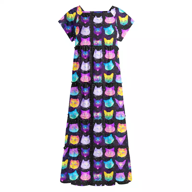 Soulisfree Cosmic Cats Square Neck Maxi Dress