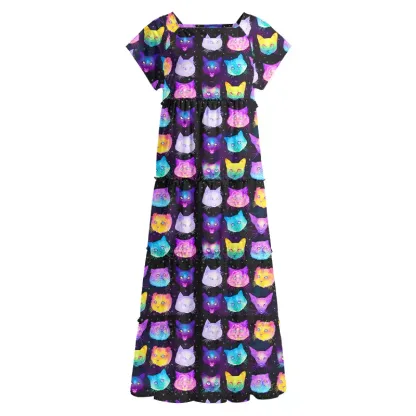 Soulisfree Cosmic Cats Square Neck Maxi Dress