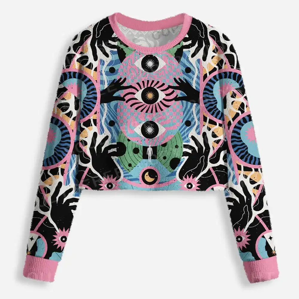 Psychedelic Handwave Vision Cropped Ugly Christmas Sweater