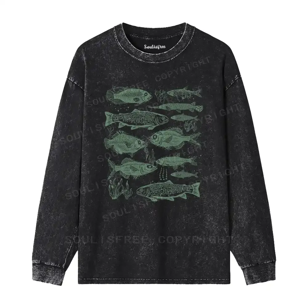 Retro Fish Washed Long Sleeve Shirt