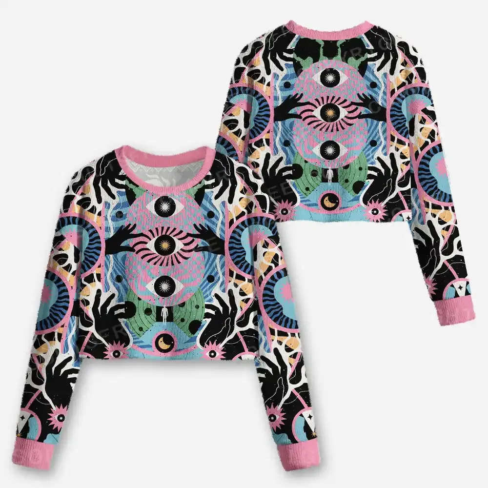 Psychedelic Handwave Vision Cropped Ugly Christmas Sweater