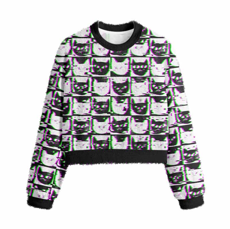 Soulisfree Neon Glitch Cat Women's Fuzzy Crewneck Sweater