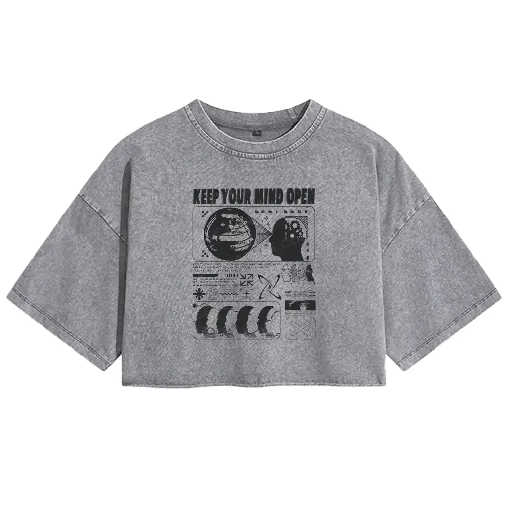 Designed Keep Your Mind Open Washed Crop T-shirt