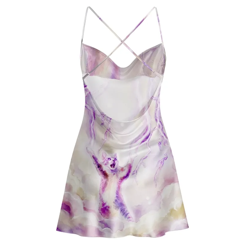 Soulisfree  Lightning Cat in Clouds Cowl Neck Satin Mini Dress
