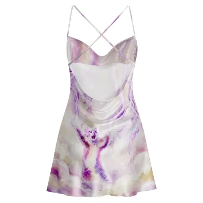 Soulisfree  Lightning Cat in Clouds Cowl Neck Satin Mini Dress