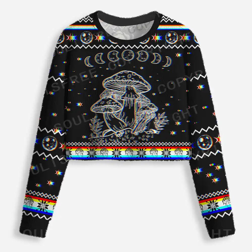 Mushroom and Moon Cropped Ugly Christmas Sweater