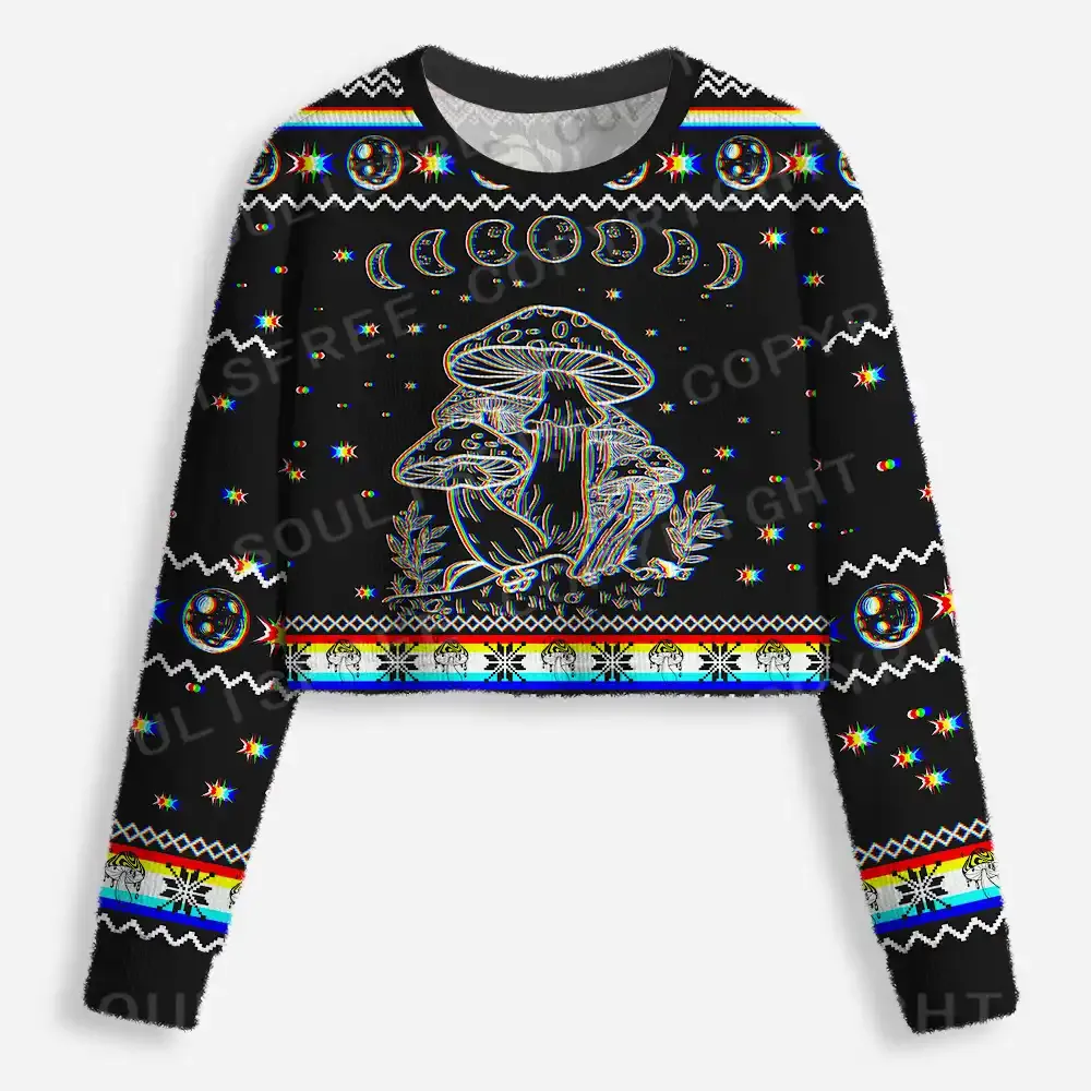 Mushroom and Moon Cropped Ugly Christmas Sweater