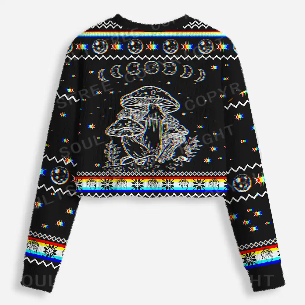 Mushroom and Moon Cropped Ugly Christmas Sweater