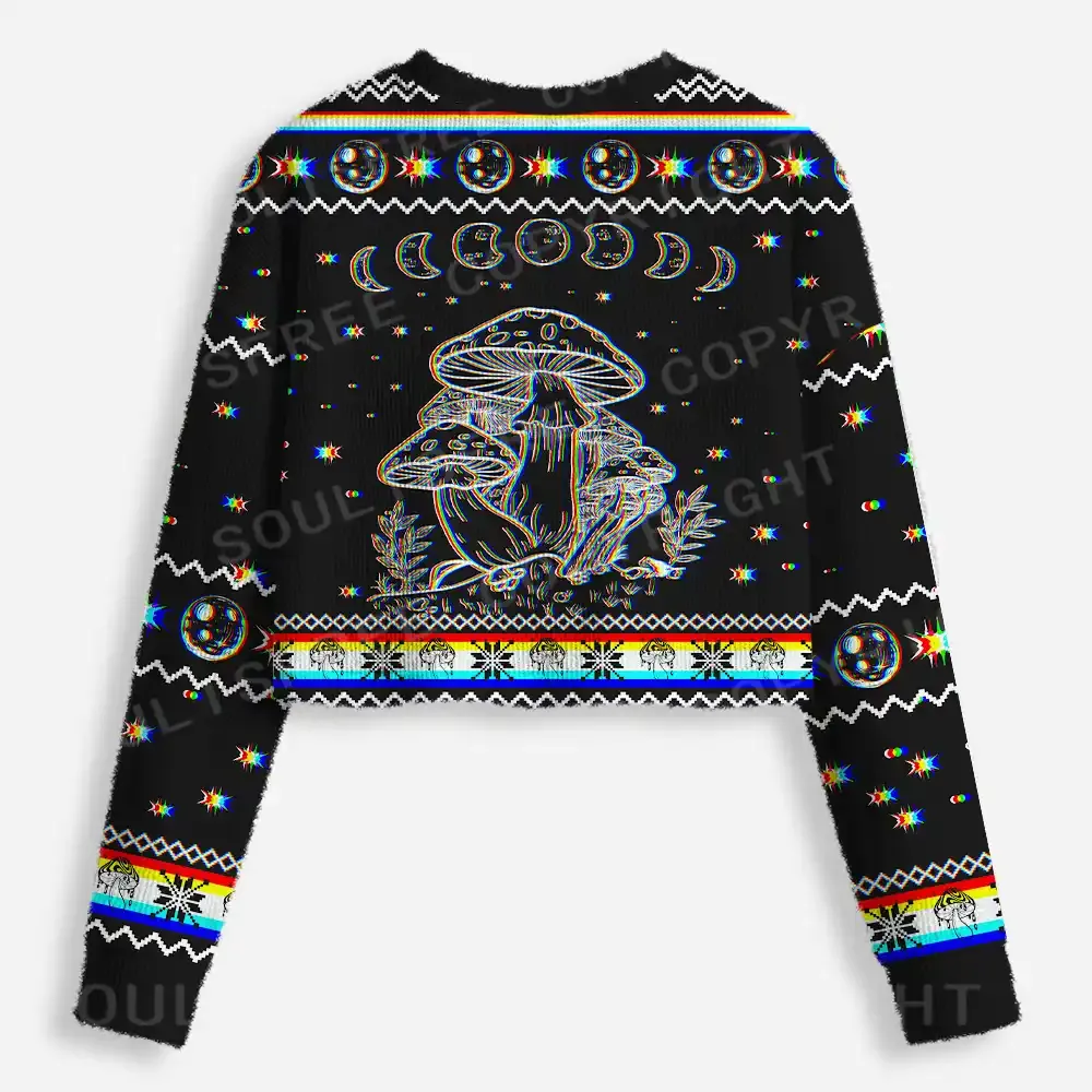 Mushroom and Moon Cropped Ugly Christmas Sweater