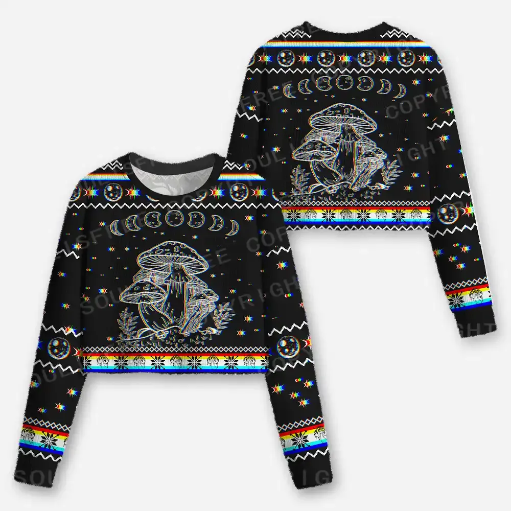 Mushroom and Moon Cropped Ugly Christmas Sweater