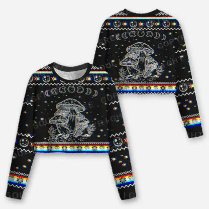 Mushroom and Moon Cropped Ugly Christmas Sweater