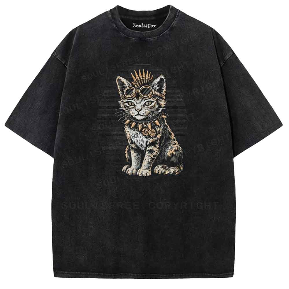 Soulisfree Punk Steampunk Feline Washed Tee