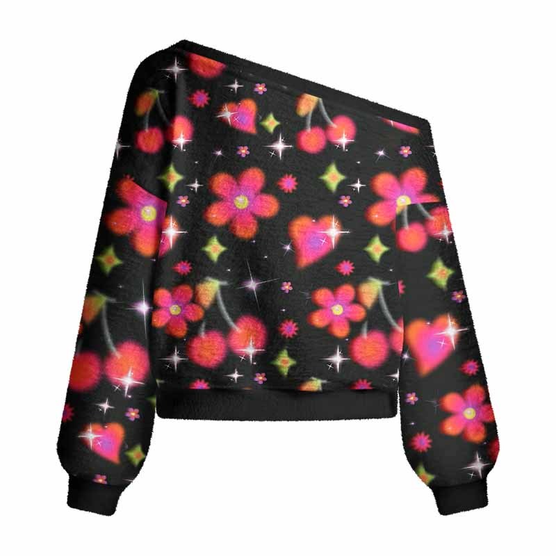 Soulisfree Stardust Love Garden  Fuzzy Off-Shoulder Sweater
