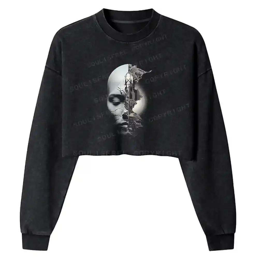 Shattered Face Realm Washed Cropped Sweatshirt
