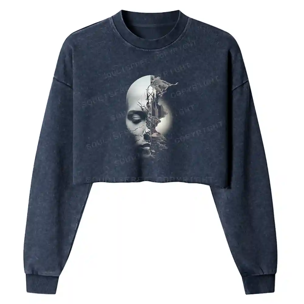 Shattered Face Realm Washed Cropped Sweatshirt