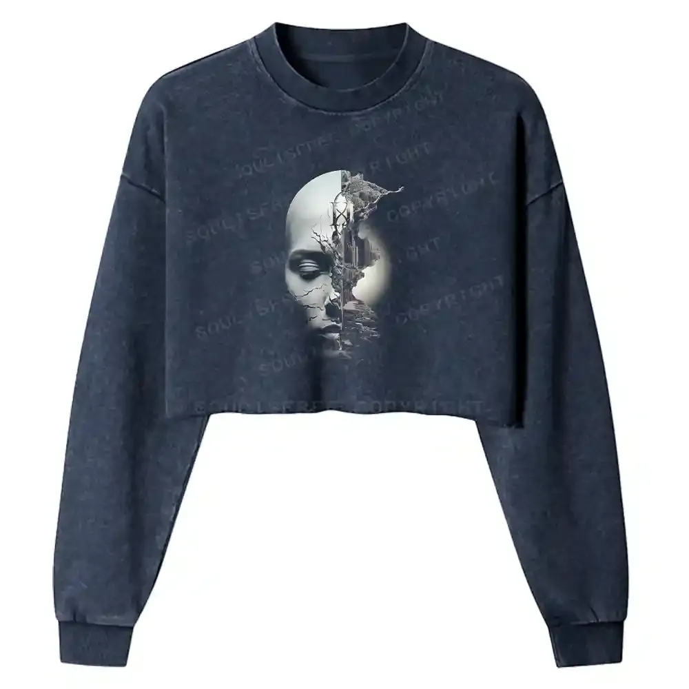 Shattered Face Realm Washed Cropped Sweatshirt