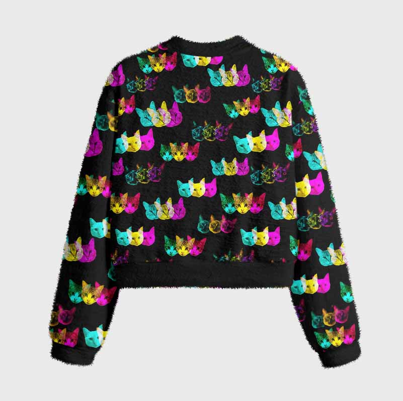 Soulisfree Glitch Art Neon Cat Women's Fuzzy Crewneck Sweater