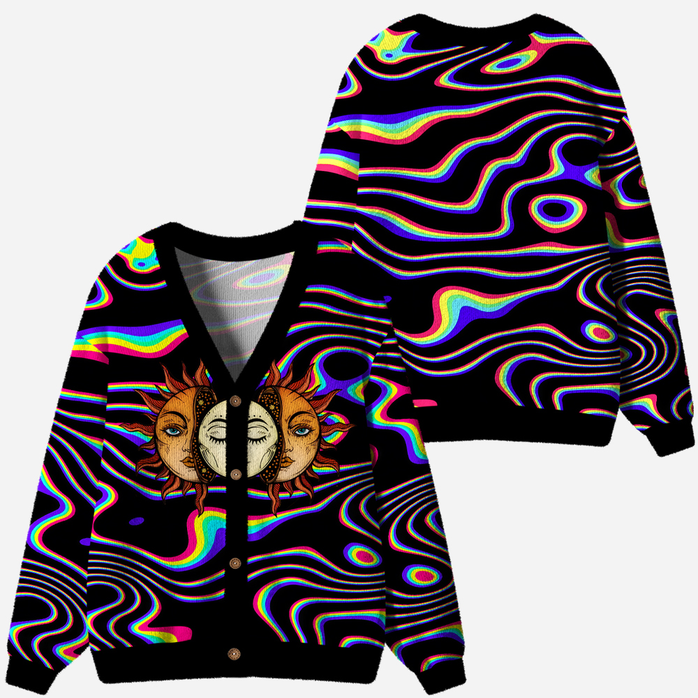 Psychedelic Sun & Moon Neon Wave Ugly Cardigan Sweaters 