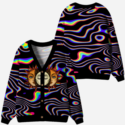 Psychedelic Sun & Moon Neon Wave Ugly Cardigan Sweaters 