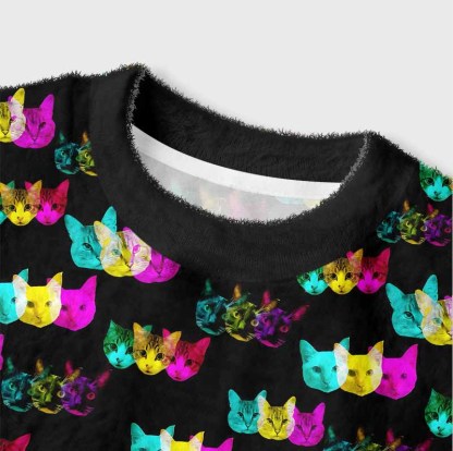 Soulisfree Glitch Art Neon Cat Women's Fuzzy Crewneck Sweater