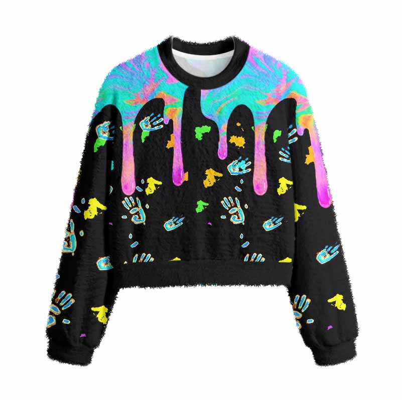 Soulisfree Neon Drip Galaxy with Floating Handprints Women's Fuzzy Crewneck Sweater